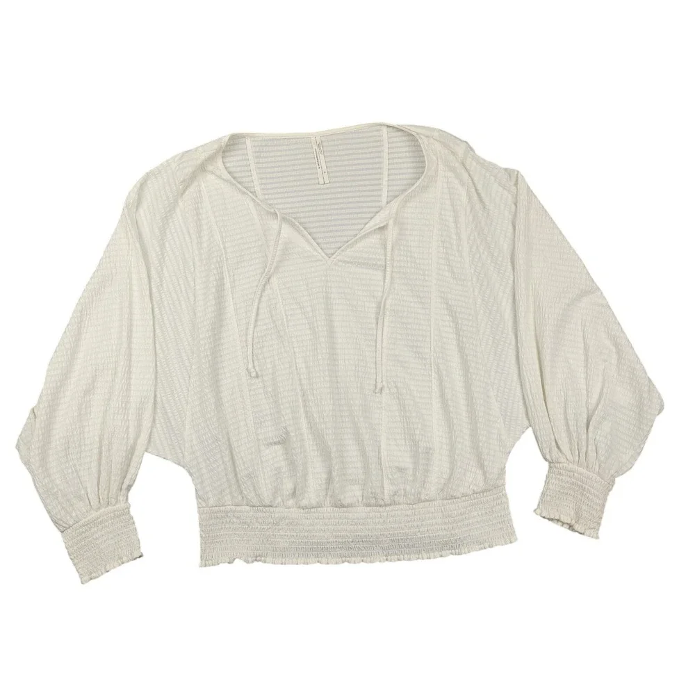 Anthropologie Blouse Womens XL White‎ Textured Stripe Dolman Sleeve Smocked Hem